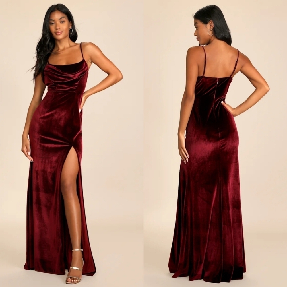 Lulus Everything I Do Wine Velvet Cowl Neck Mermaid Maxi Dress Wedding Party